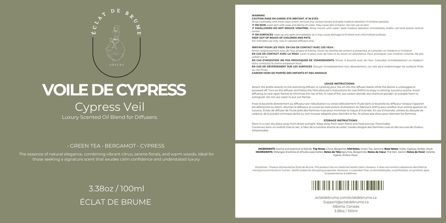 Voile de Cyprès/ Cypress Veil- Green Tea, Bergamot, Cypress- Inspired by Marriot Hotel.