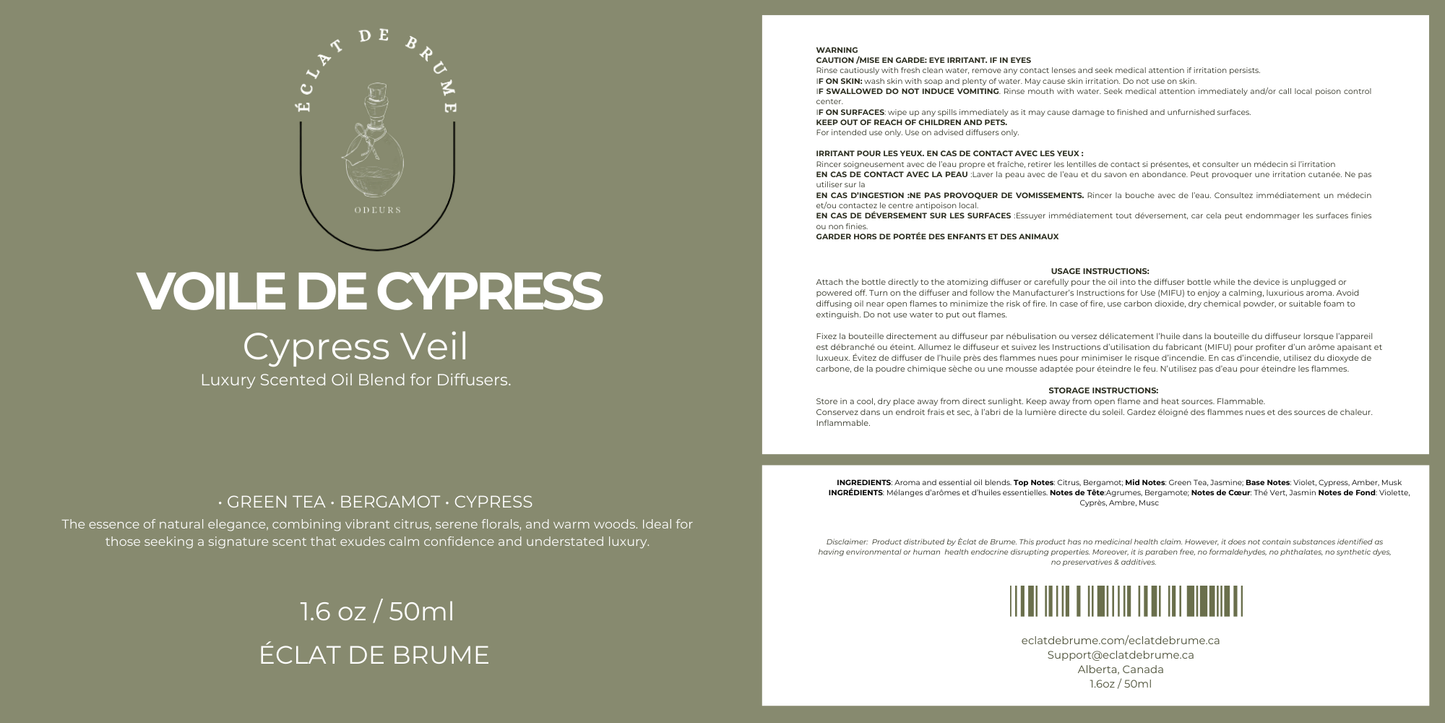 Voile de Cyprès/ Cypress Veil- Green Tea, Bergamot, Cypress- Inspired by Marriot Hotel.