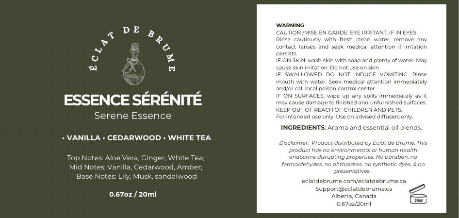 Essence Sérénité/Serene Essence: Vanilla, Cedarwood, White Tea - Inspired by Westin Hotel.