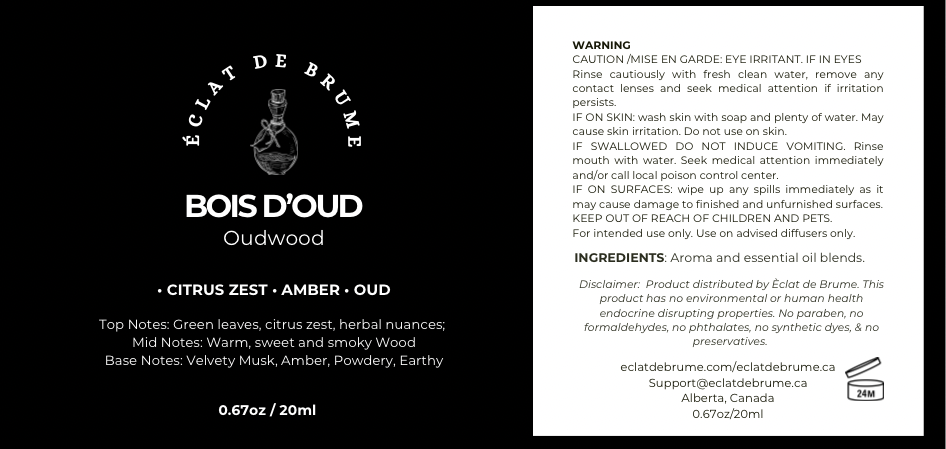 Bois d’Oud/Oudwood/Agarwood: Citrus Zest, Amber, Musk