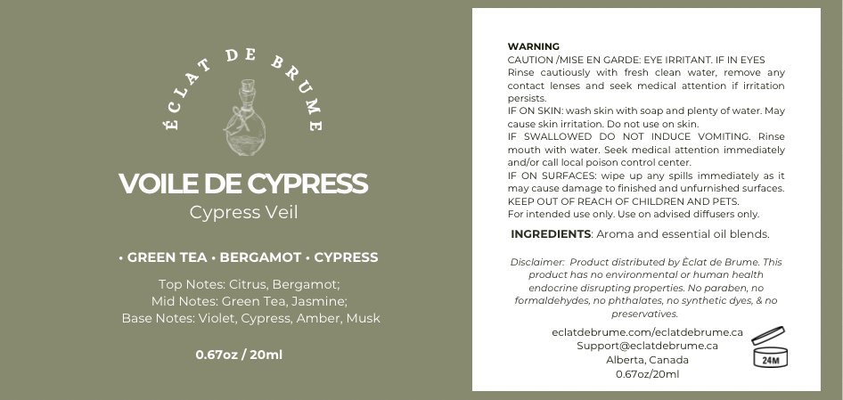 Voile de Cyprès/ Cypress Veil- Green Tea, Bergamot, Cypress- Inspired by Marriot Hotel.